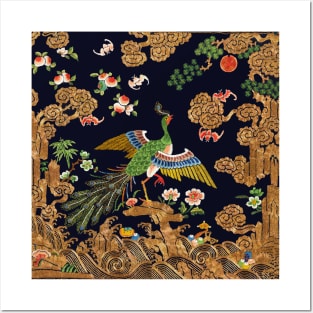 PEACOCK ,FLOWERS AND TREES IN NIGHT BLUE Antique Chinese Floral Posters and Art